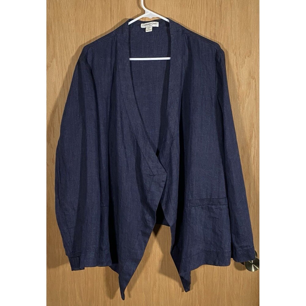 Women's 1X Linen Open Front Blazer Asymmetrical Hem Navy Blue Nautical Coastal